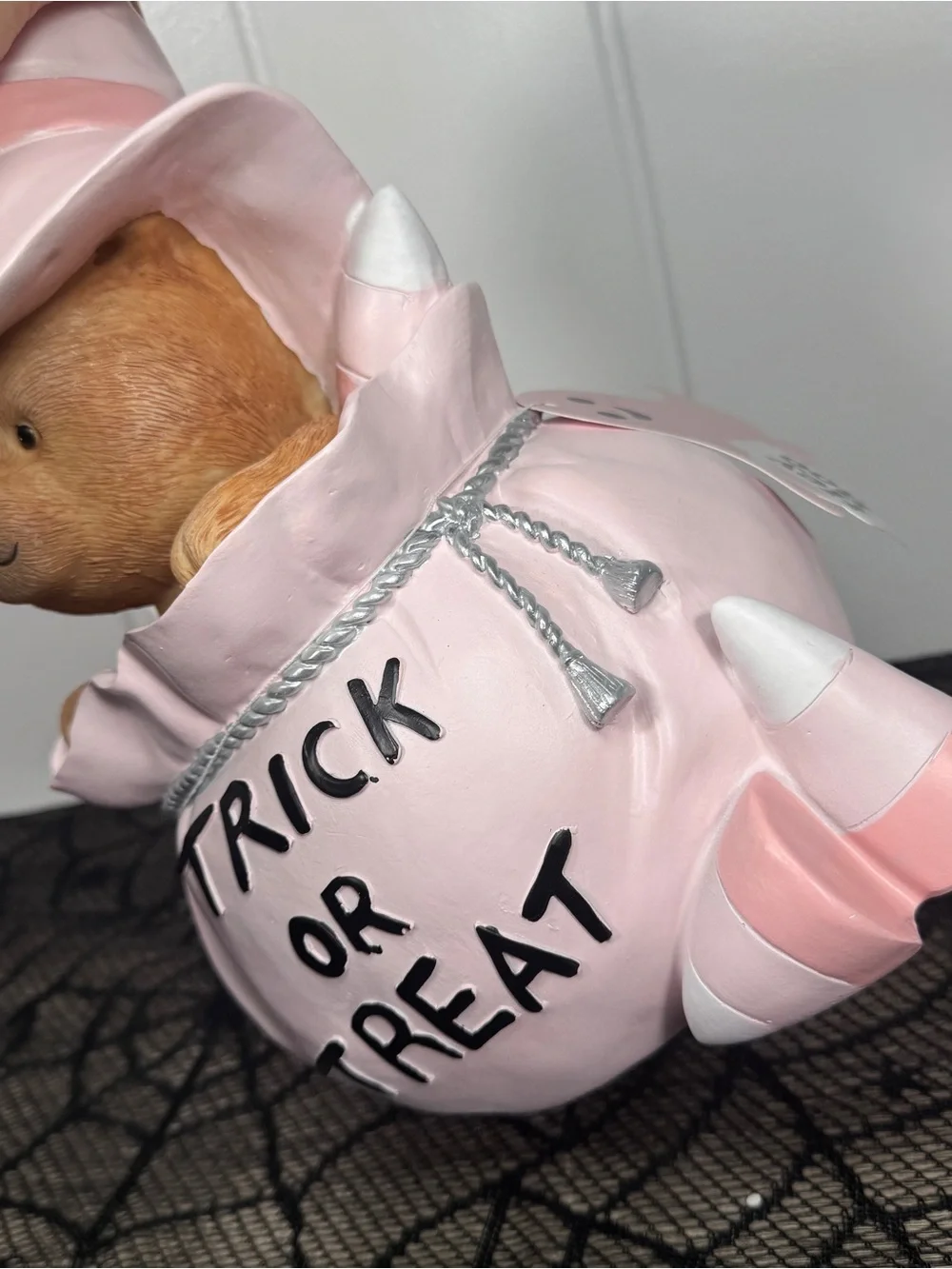 NEW Viral Hey Boo Teddy Bear in a Pink Trick-or-Treat Sack Halloween Figurine